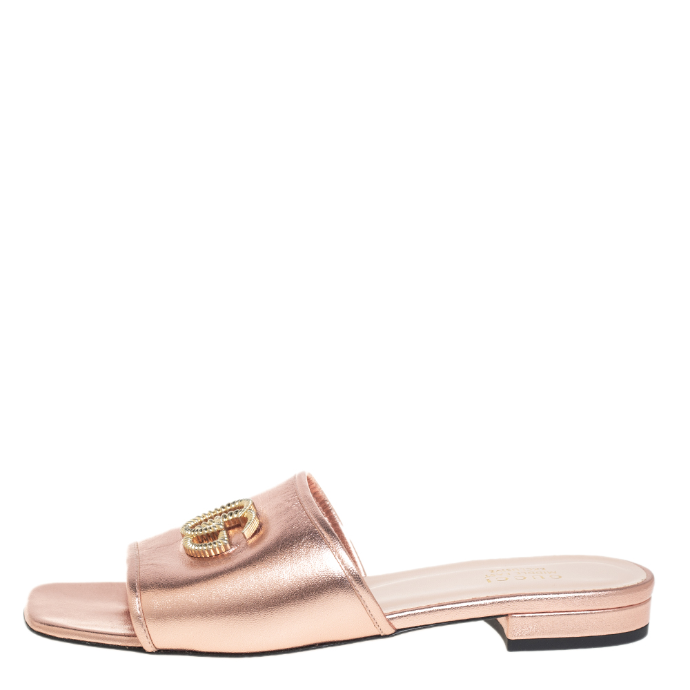 

Gucci Metallic Rose Gold Leather GG Slide Sandals Size