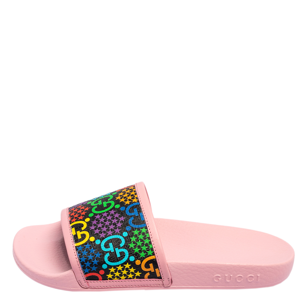 

Gucci Multicolor Coated Canvas And Leather GG Psychedelic Printed Slides Size, Pink