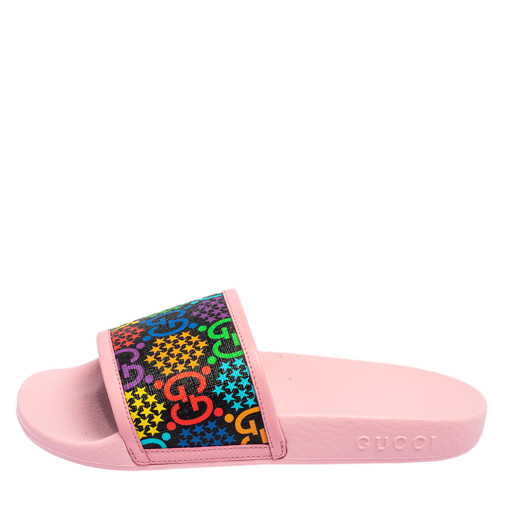 

Gucci Multicolor Coated Canvas And Leather GG Psychedelic Printed Slides Size