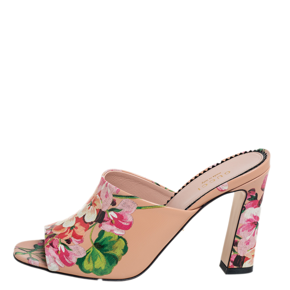 

Gucci Beige Bloom Floral Print Leather Slide Sandals Size