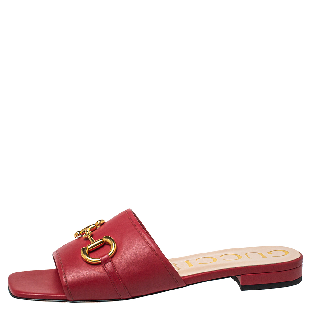 

Gucci Red Leather Horsebit Sandals Size