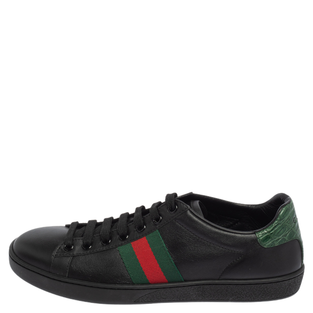 

Gucci Black Leather And Croc Embossed Leather Trim Ace Web Detail Sneakers Size