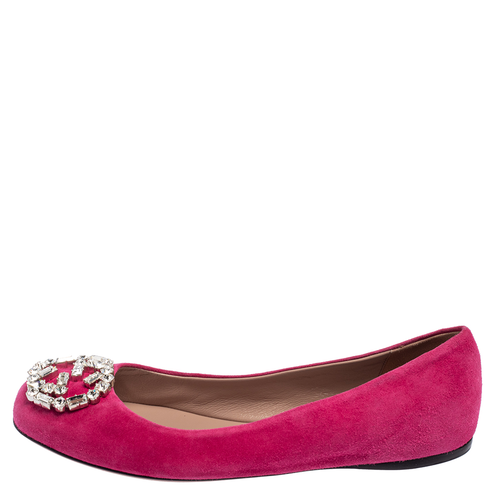

Gucci Pink Suede Crystal GG Ballet Flats Size