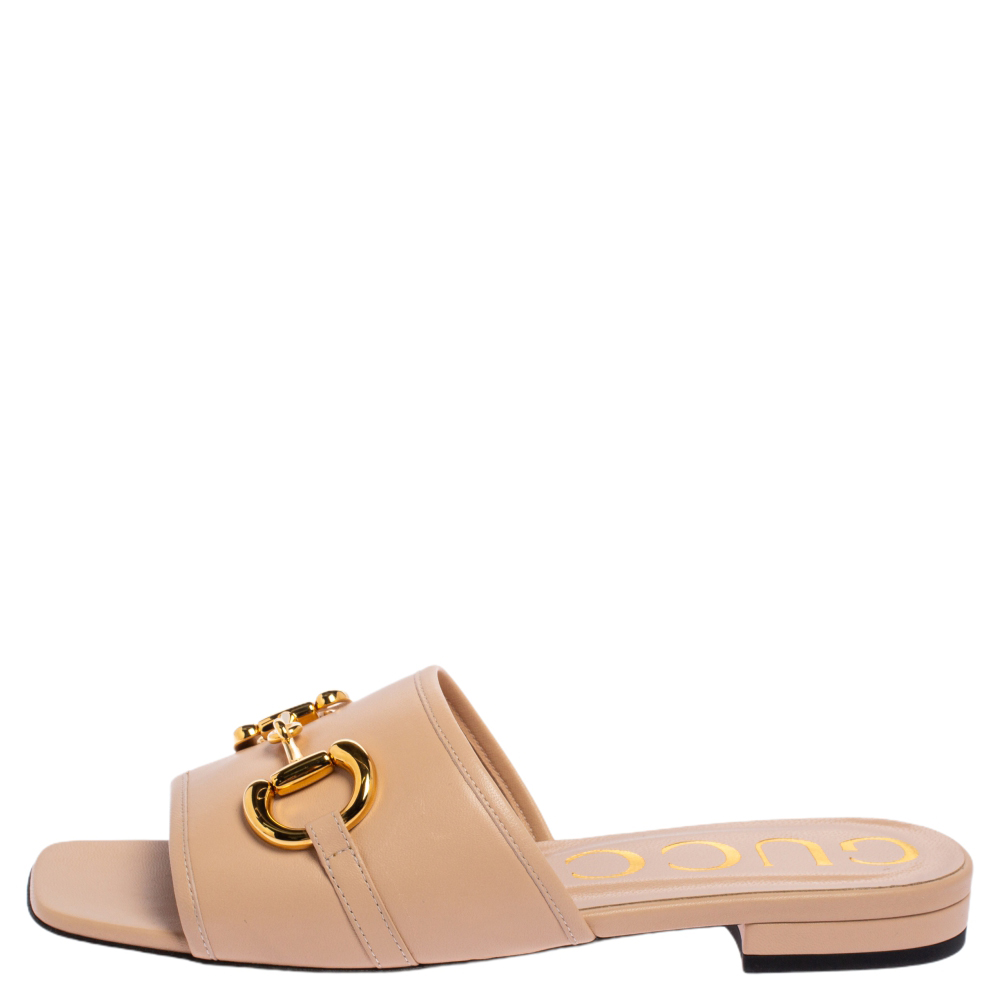 

Gucci Beige Leather Horsebit Flat Slides Size