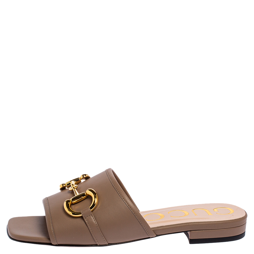 

Gucci Brown Leather Horsebit Flat Slides Size