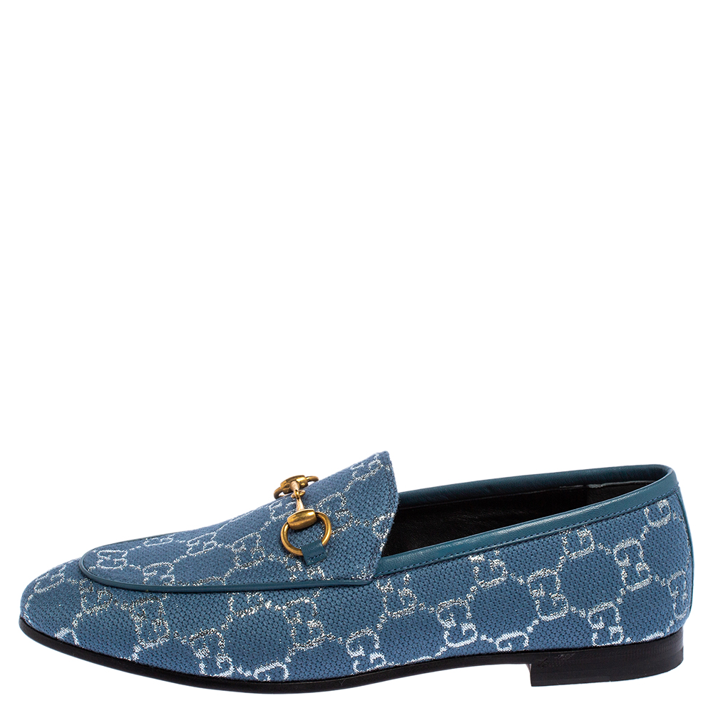 

Gucci Blue/Silver Lame Fabric Horsebit Jordaan Slip On Loafers Size