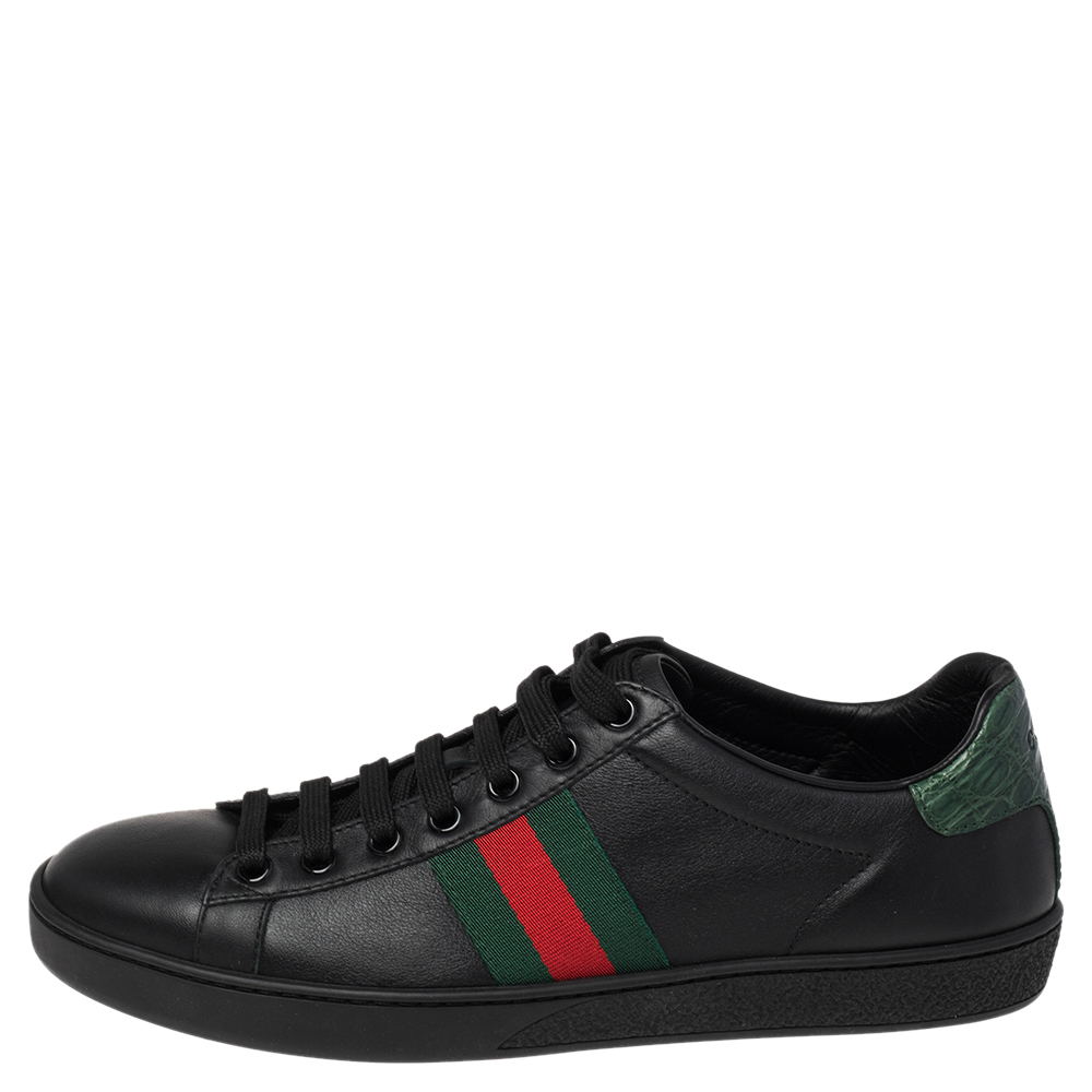 

Gucci Black Leather And Croc Trim Web Detail Ace Sneakers Size