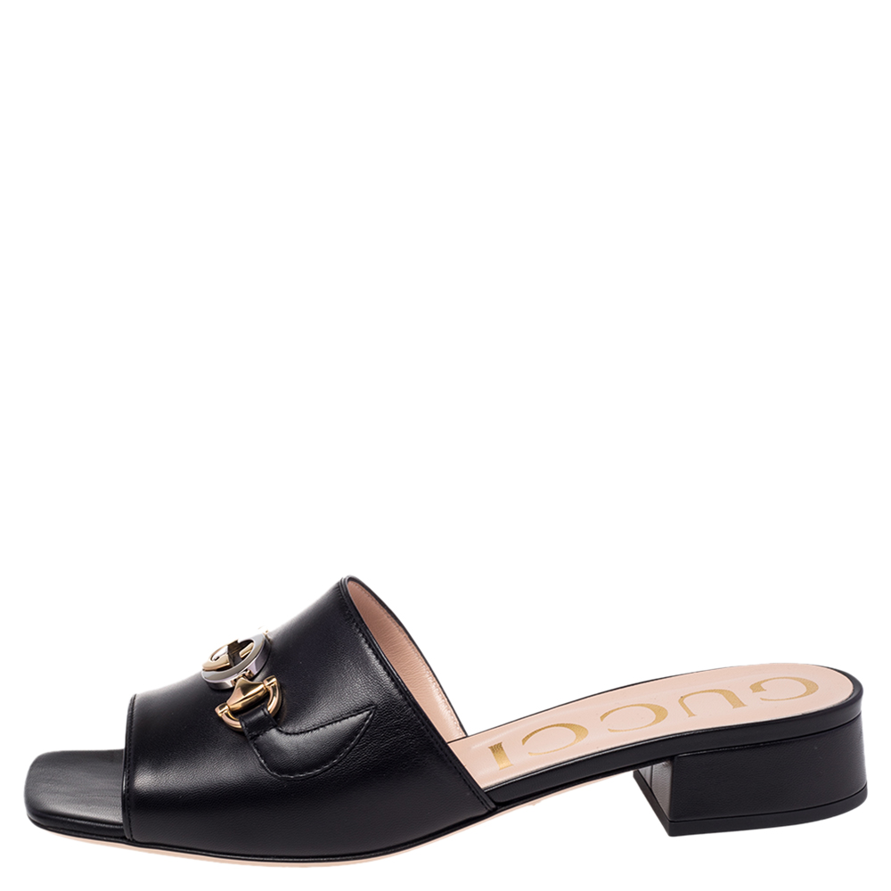 

Gucci Black Leather Zumi GG Interlocking Slide Sandals Size