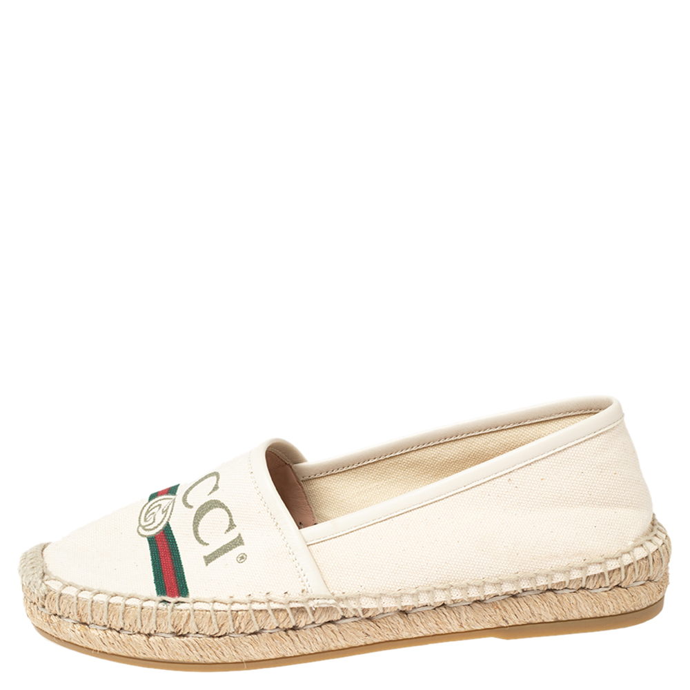 

Gucci Cream Canvas Logo Espadrille Flats Size