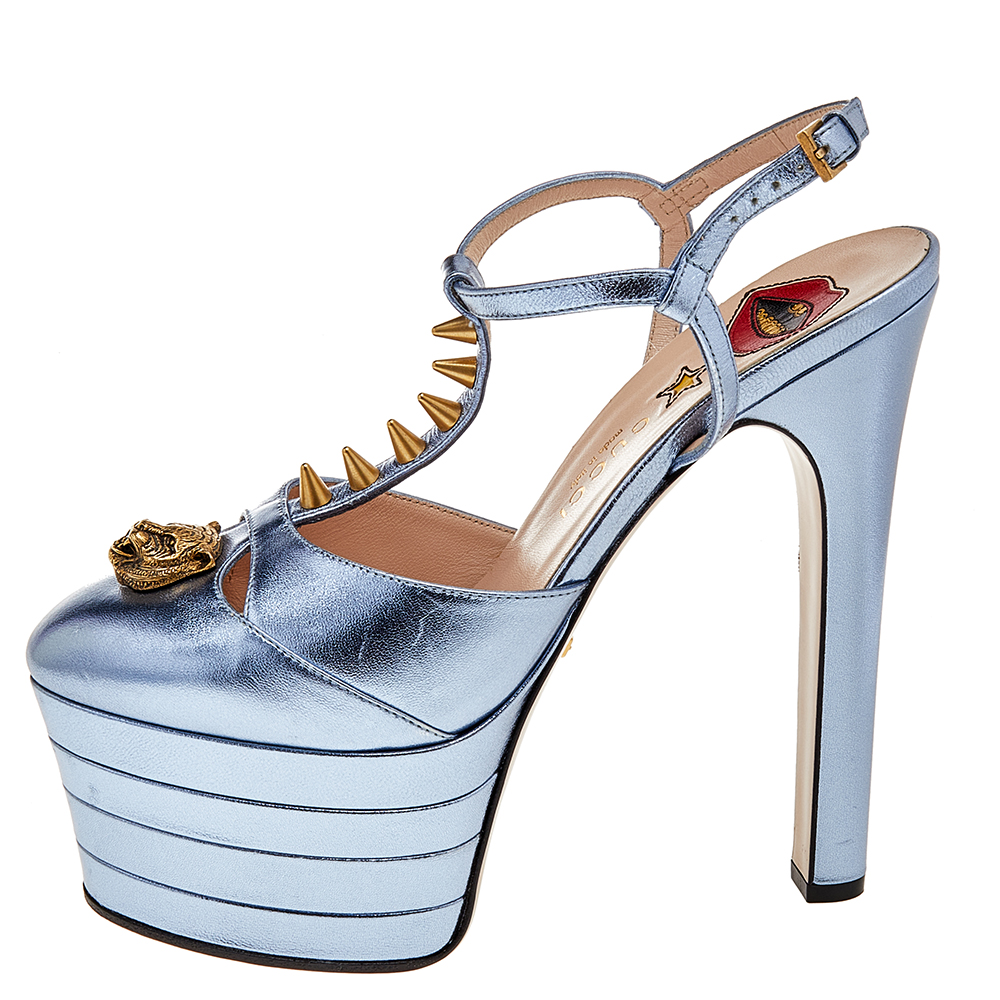 

Gucci Blue Leather Spike-Embellished Platform Sandals Size