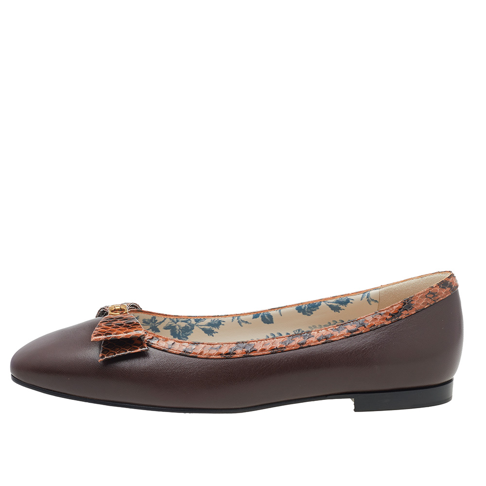 

Gucci Brown Python And Leather GG Bow Ballet Flats Size