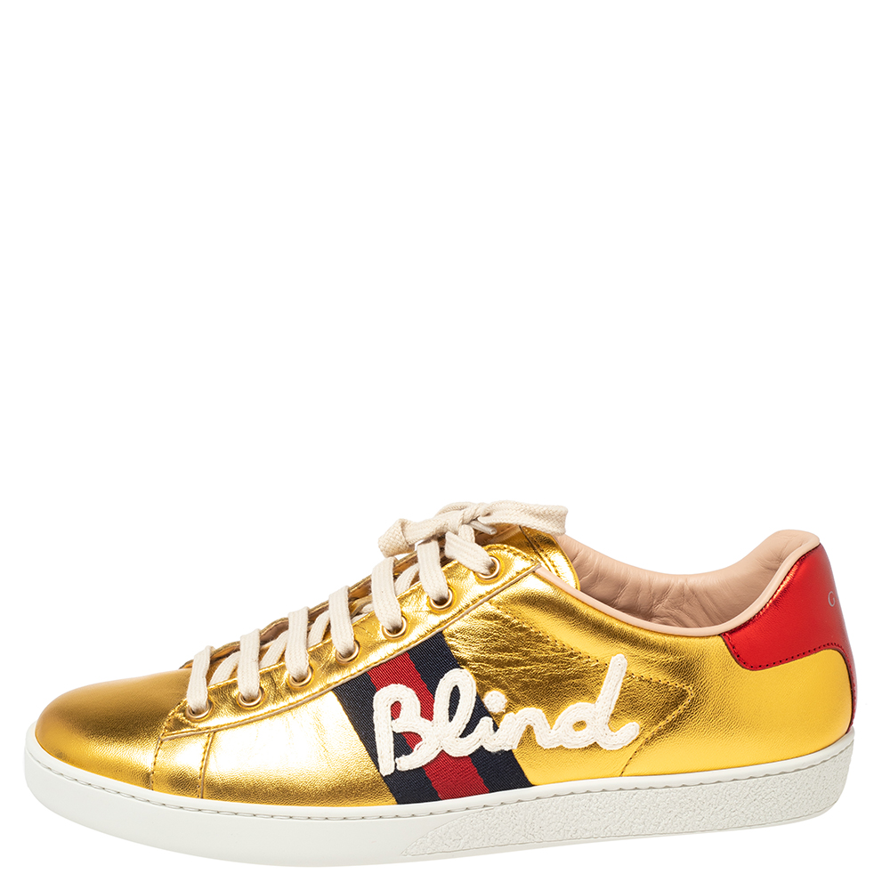 

Gucci Metallic Gold Leather Ace Blind For Love Low Top Sneakers Size
