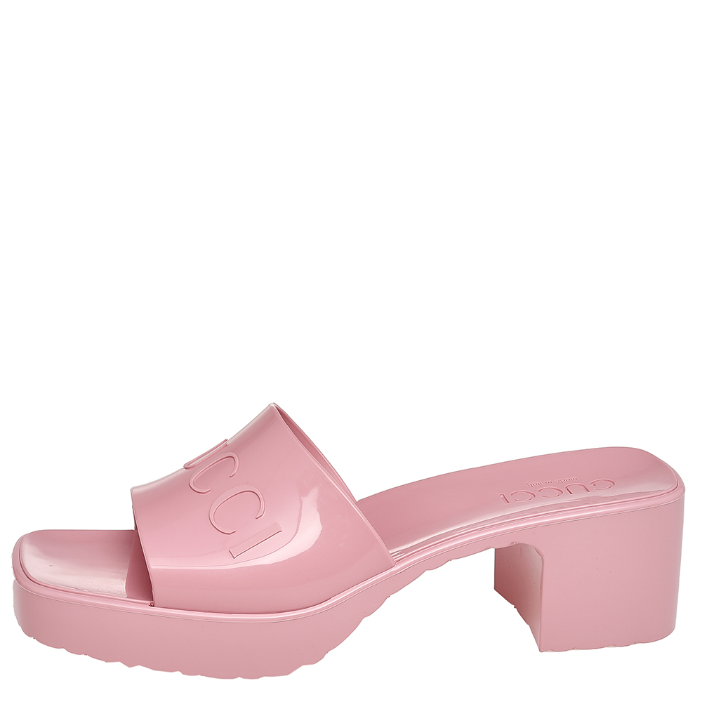 

Gucci Pink Rubber Logo Platform Slide Sandals Size