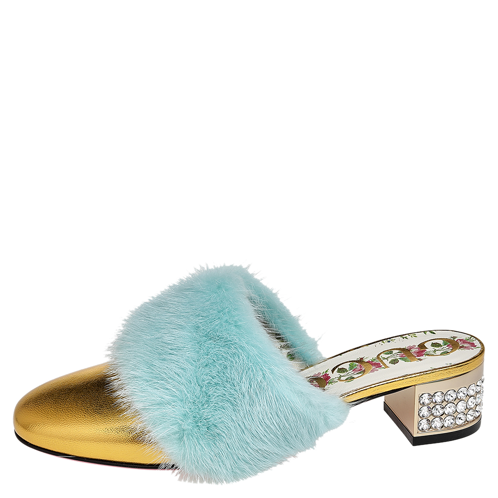 

Gucci Gold/Blue Fur And Leather Candy Mink Mules Size