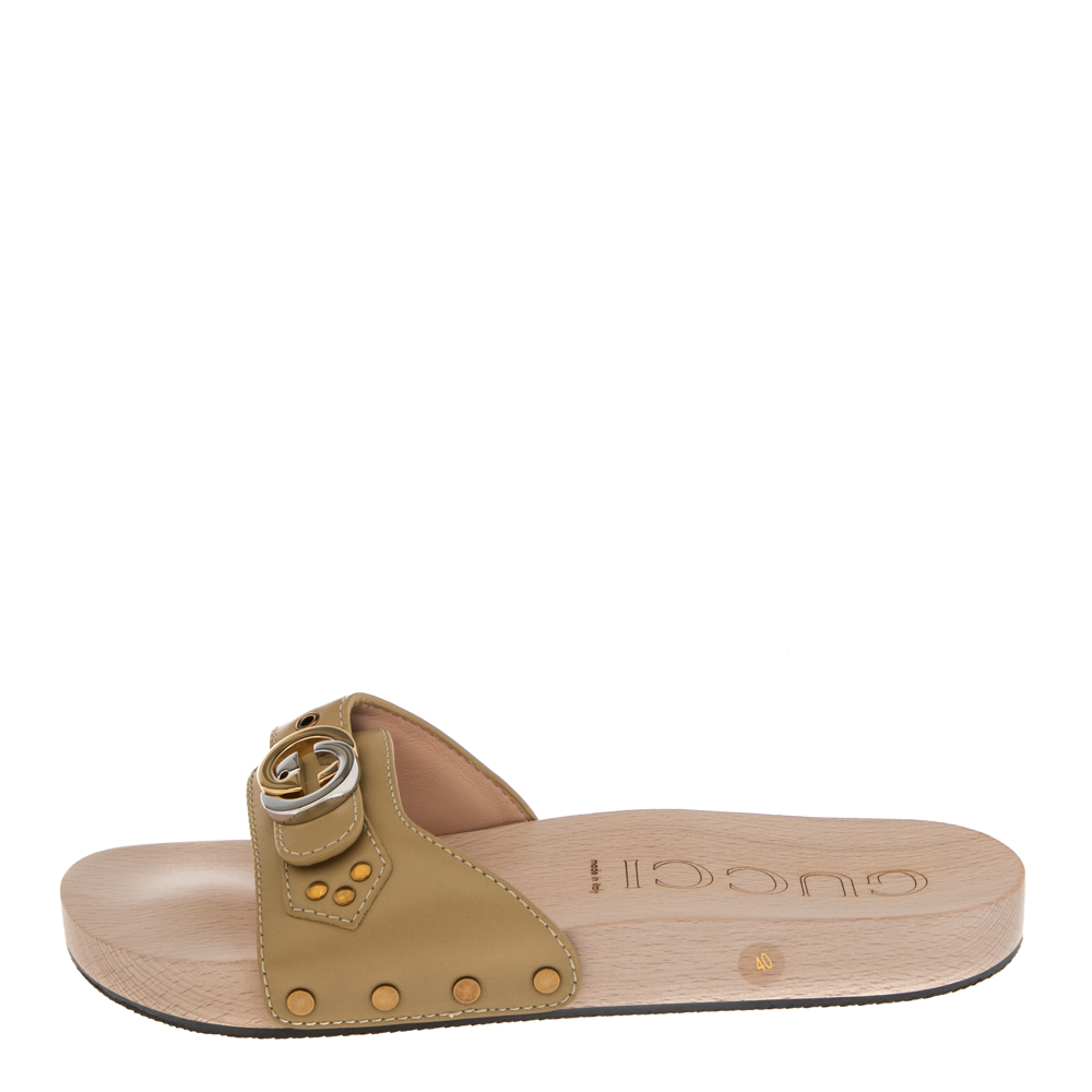 

Gucci Beige Leather GG Wooden Slide Sandals Size