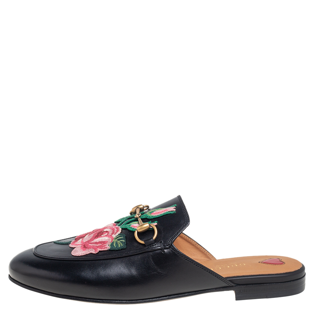 

Gucci Black Floral Embroidered Leather Princetown Mules Size