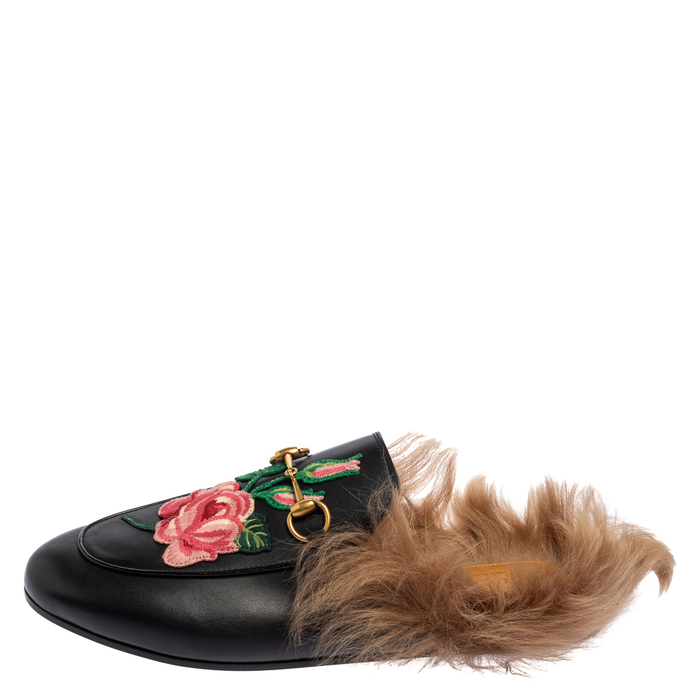 

Gucci Black Floral Embroidered Leather and Fur Lined Princetown Mules Size