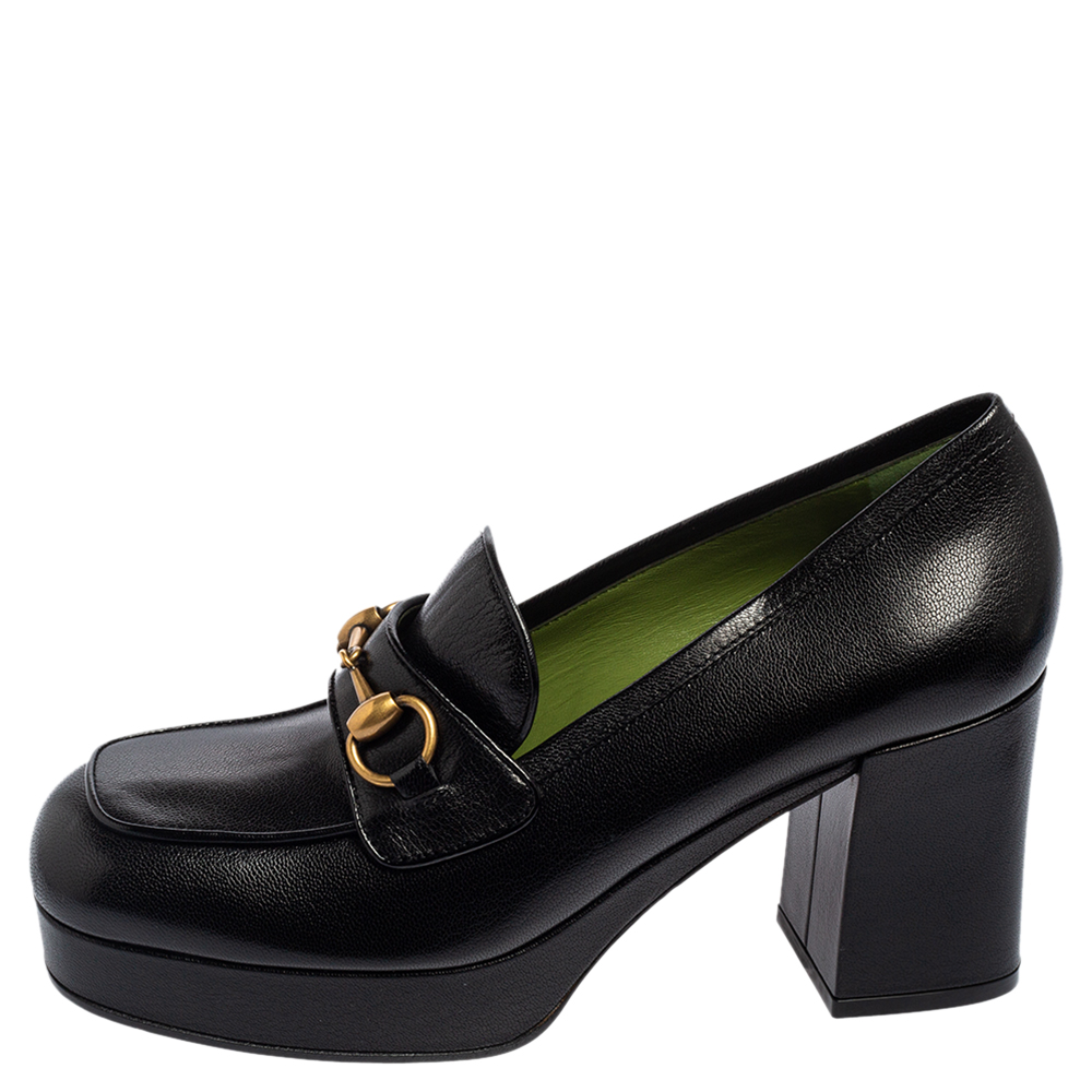 

Gucci Black Leather Horsebit Platform Loafer Pumps Size