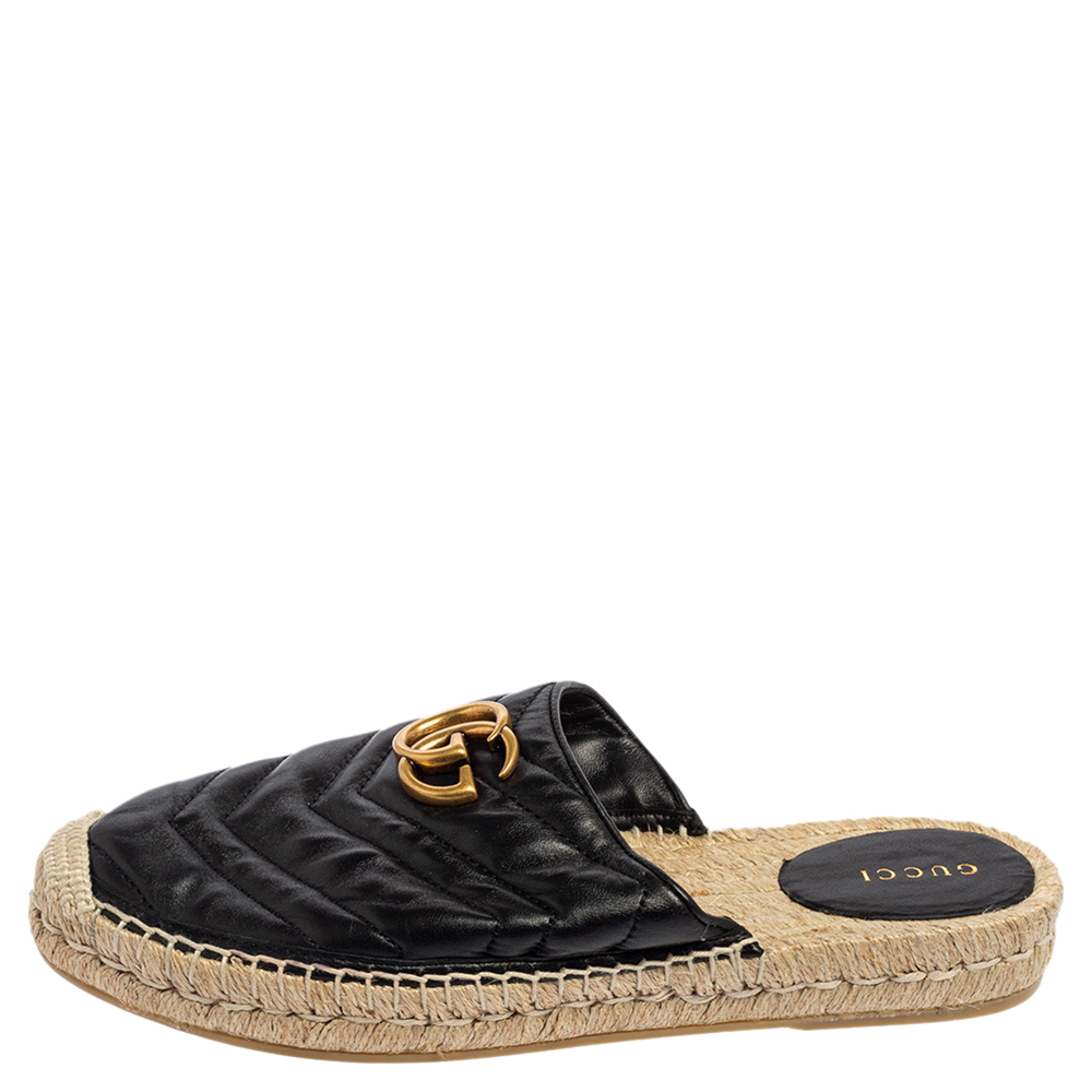 

Gucci Black Leather GG Marmont Espadrilles Mules Size