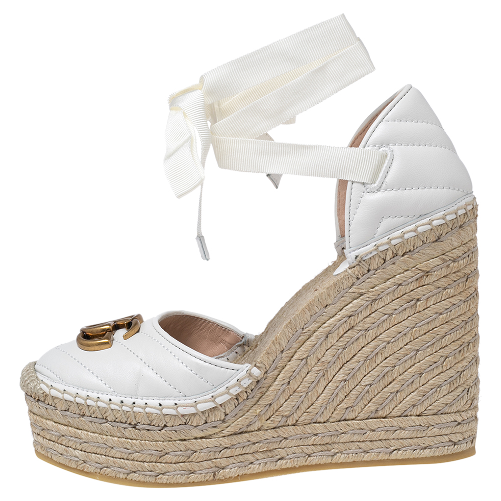 

Gucci White Leather GG Marmont Platform Wedge Espadrilles Size