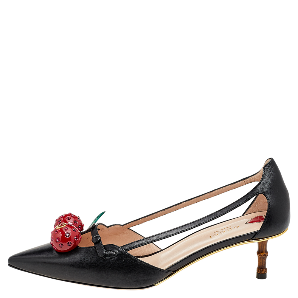 

Gucci Black Leather Cherry Unia Pumps Size