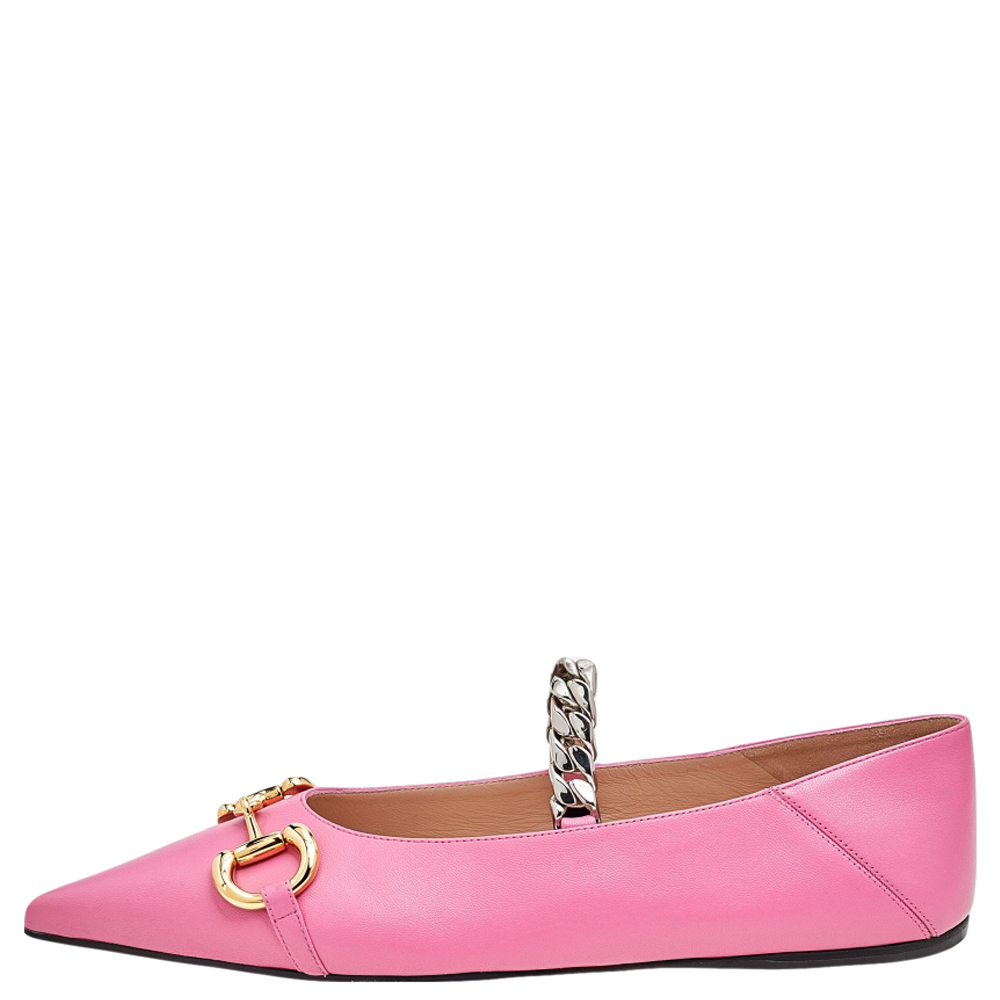 

Gucci Pink Leather Deva Horesebit Chain Link Ballet Flats Size