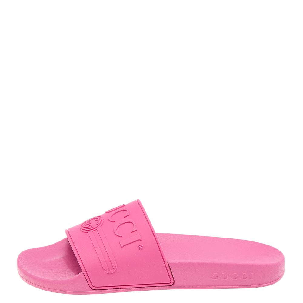 

Gucci Fuchsia Rubber Pursuit Logo Embossed Pool Slide Sandals Size, Pink