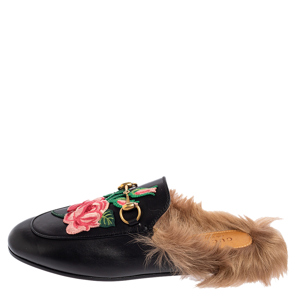 

Gucci Black Floral Embroidered Leather and Fur Lined Princetown Mules Size