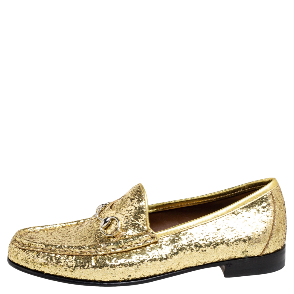

Gucci Gold Glitter Horsebit Loafers Size