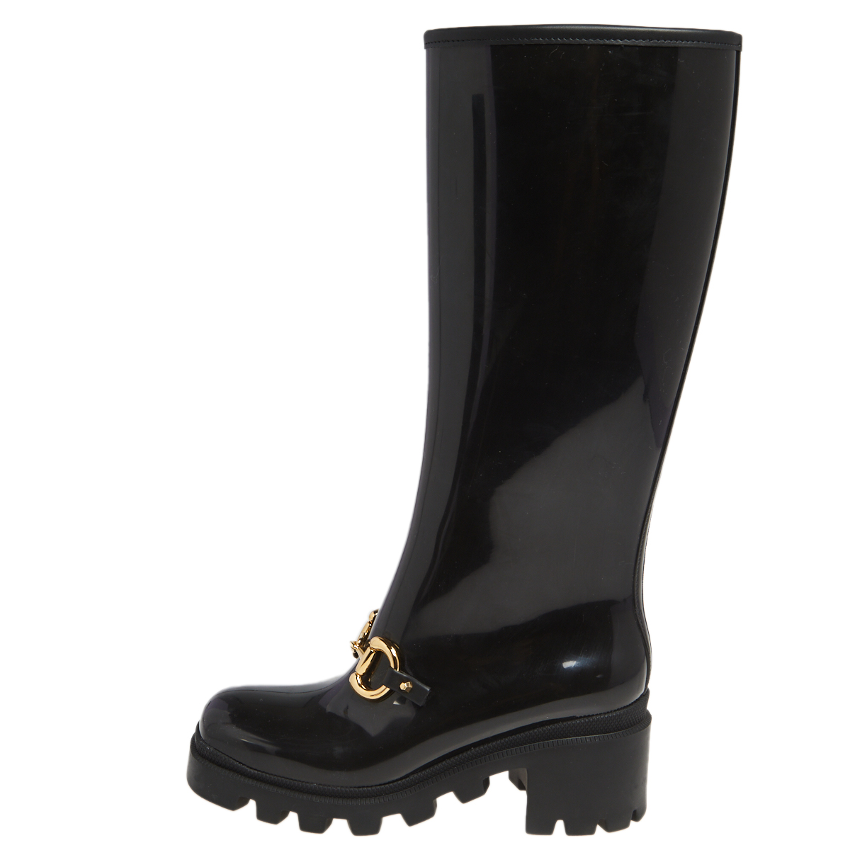 

Gucci Black Rubber Horsebit Knee Length Boots Size