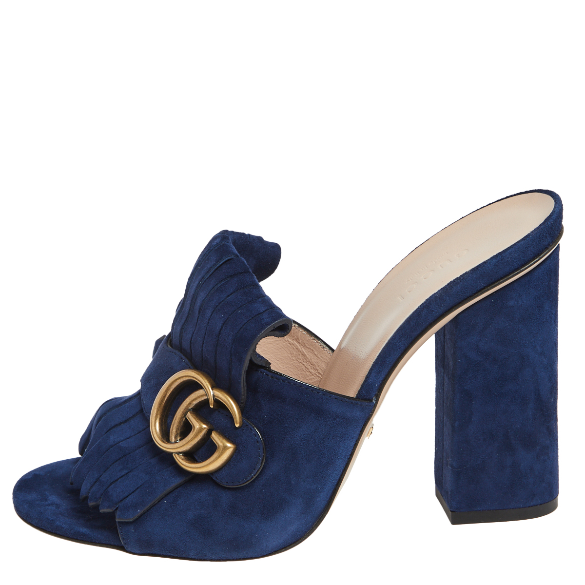 

Gucci Navy Blue Suede GG Marmont Fringe Mules Size