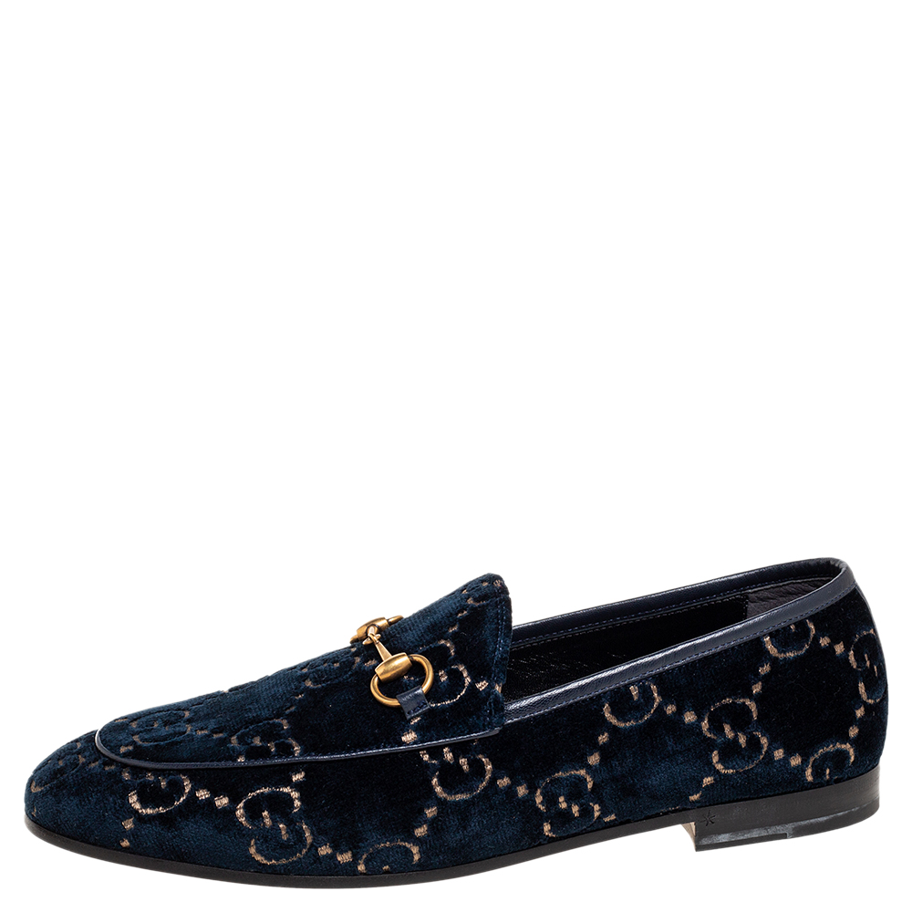 

Gucci Navy Blue GG Monogram Velvet Horsebit Jordaan Loafers Size