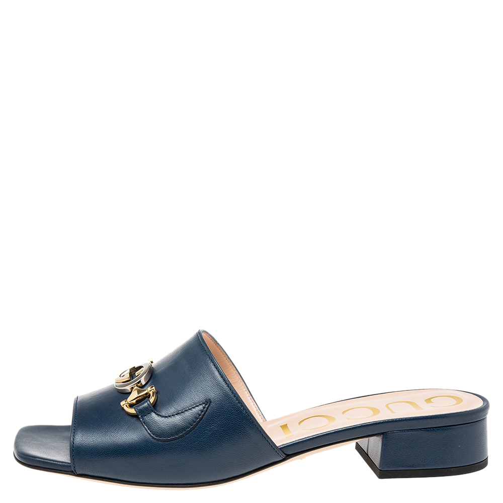 

Gucci Navy Blue Leather Zumi GG Interlocking Slide Sandals Size