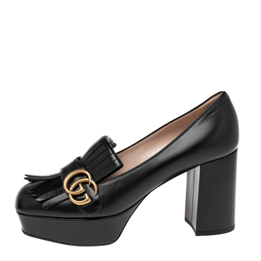 

Gucci Black Leather GG Marmont Fringe Platform Pumps Size