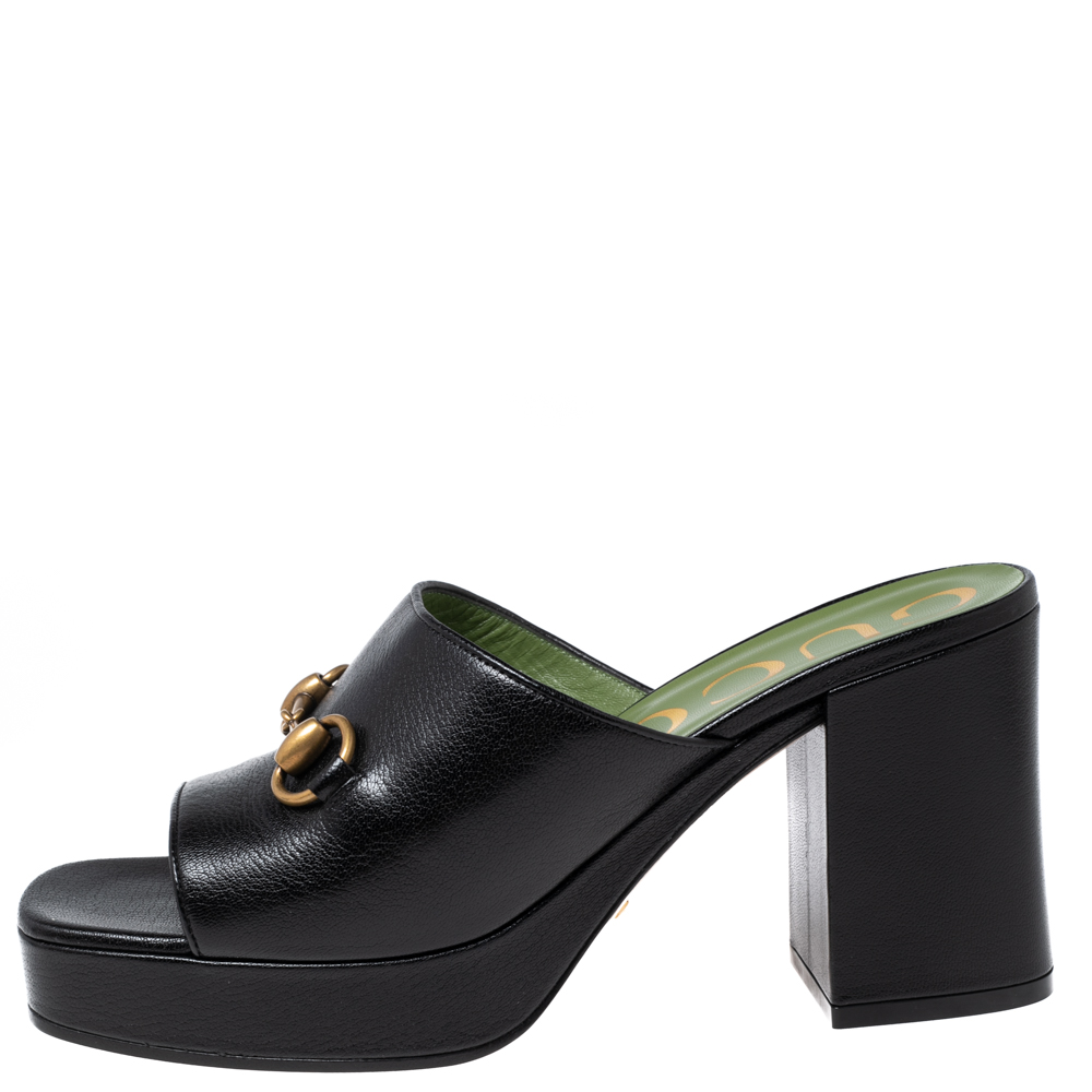 

Gucci Black Leather Horsebit Platform Slide Sandals Size