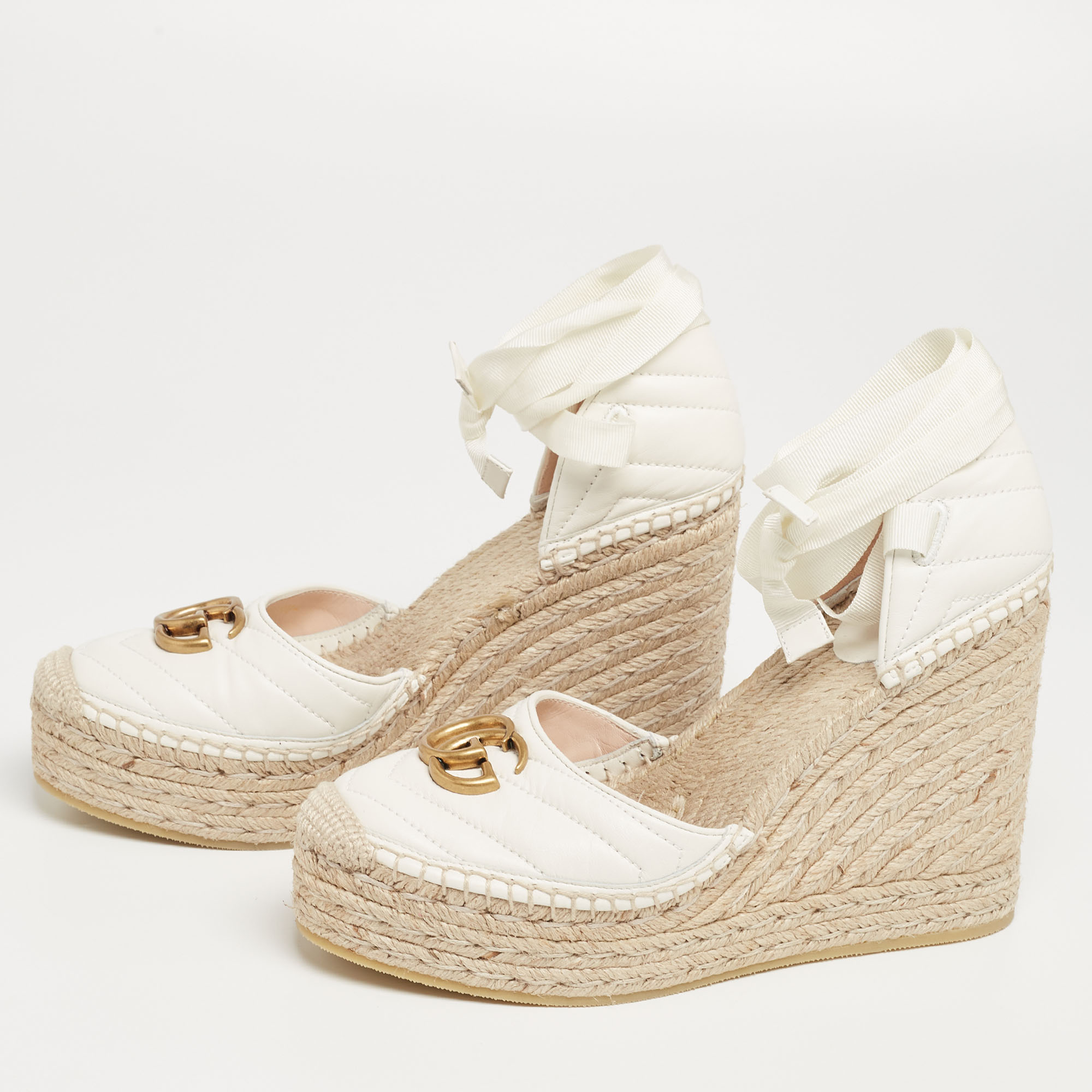 

Gucci White Leather GG Marmont Wedge Espadrille Sandals Size