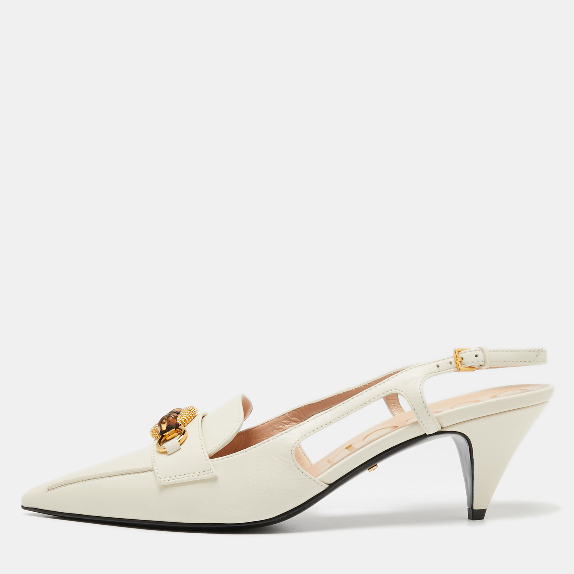 Pre-owned Gucci White Leather Horsebit Bamboo Slingback Mule Sandals ...