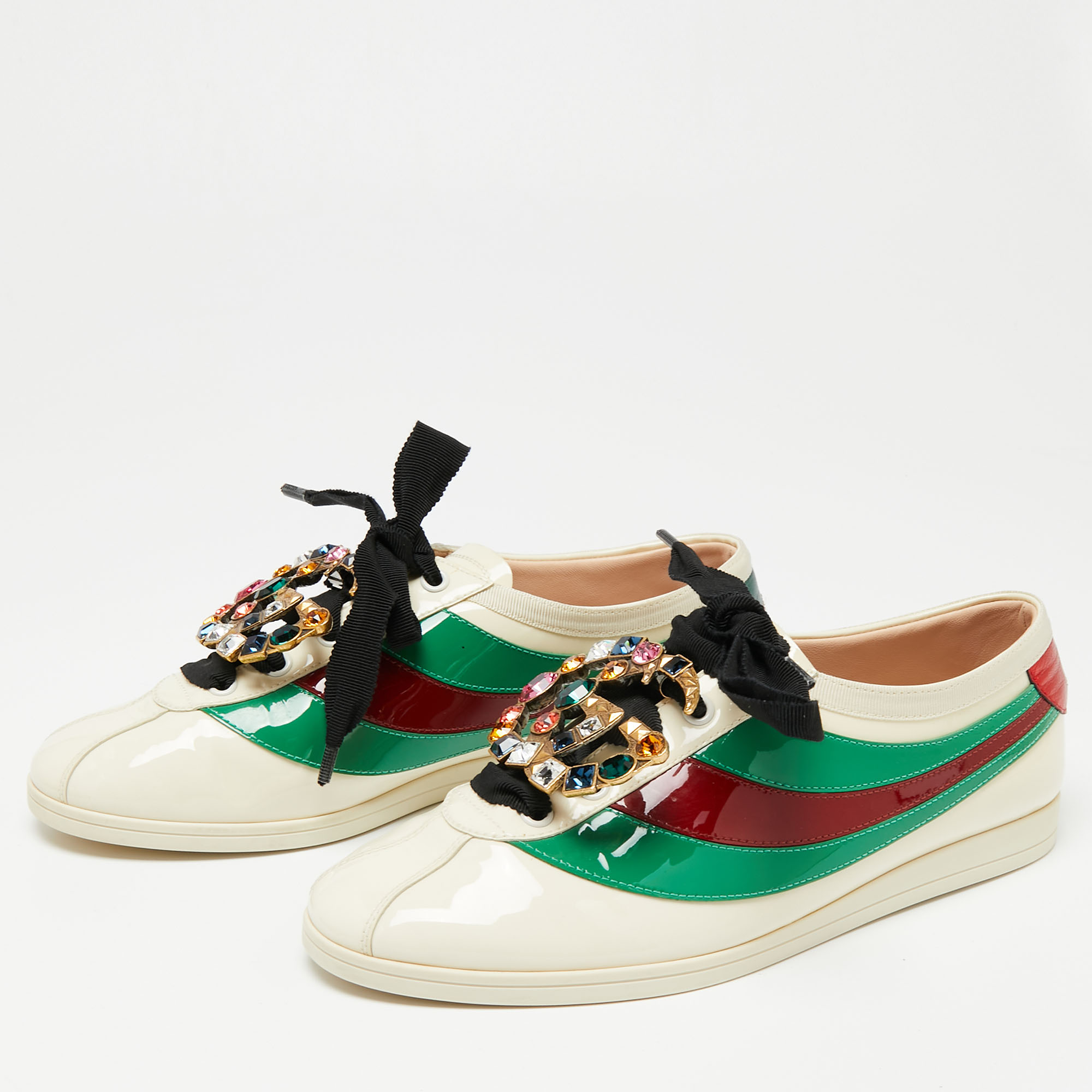 

Gucci Cream/Green Patent Leather Crystal Embellished Low Top Sneakers Size