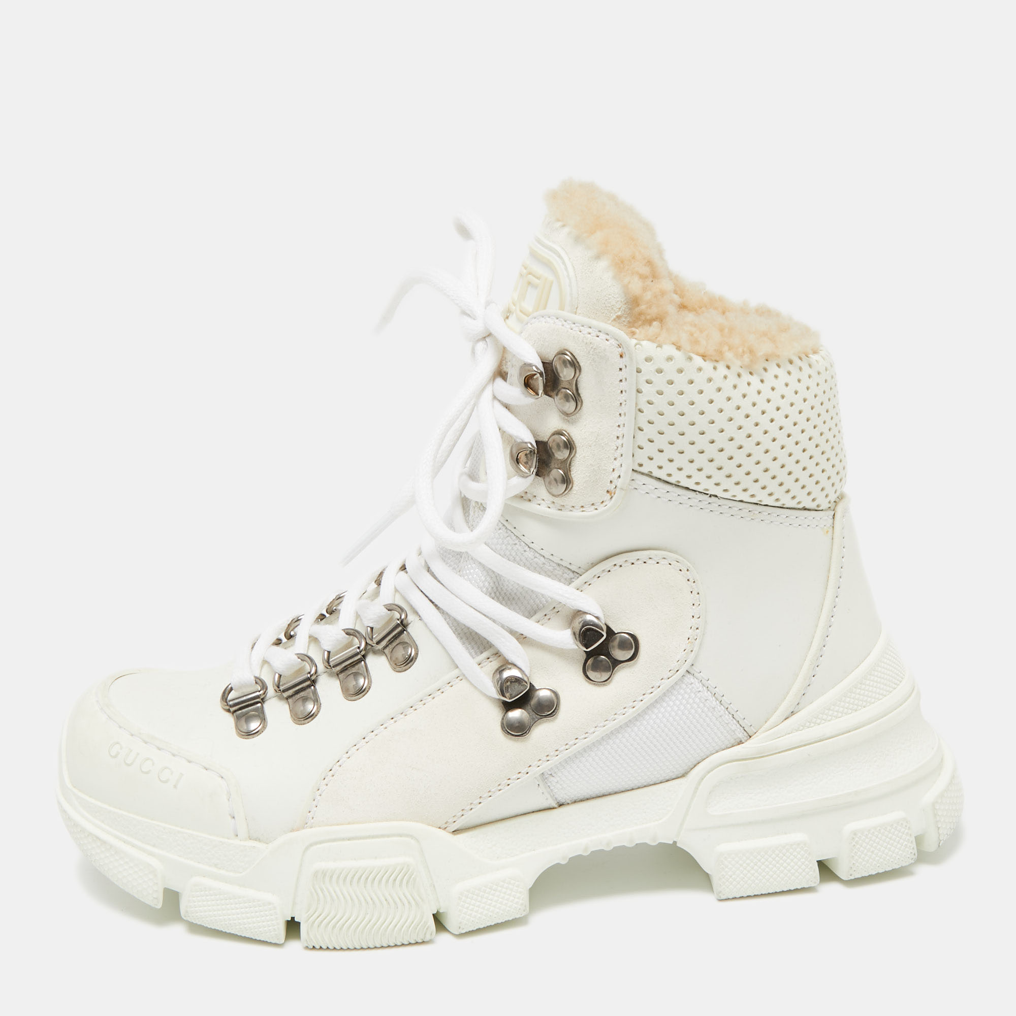 

Gucci White Leather And Suede Flashtrek High Top Sneakers Size