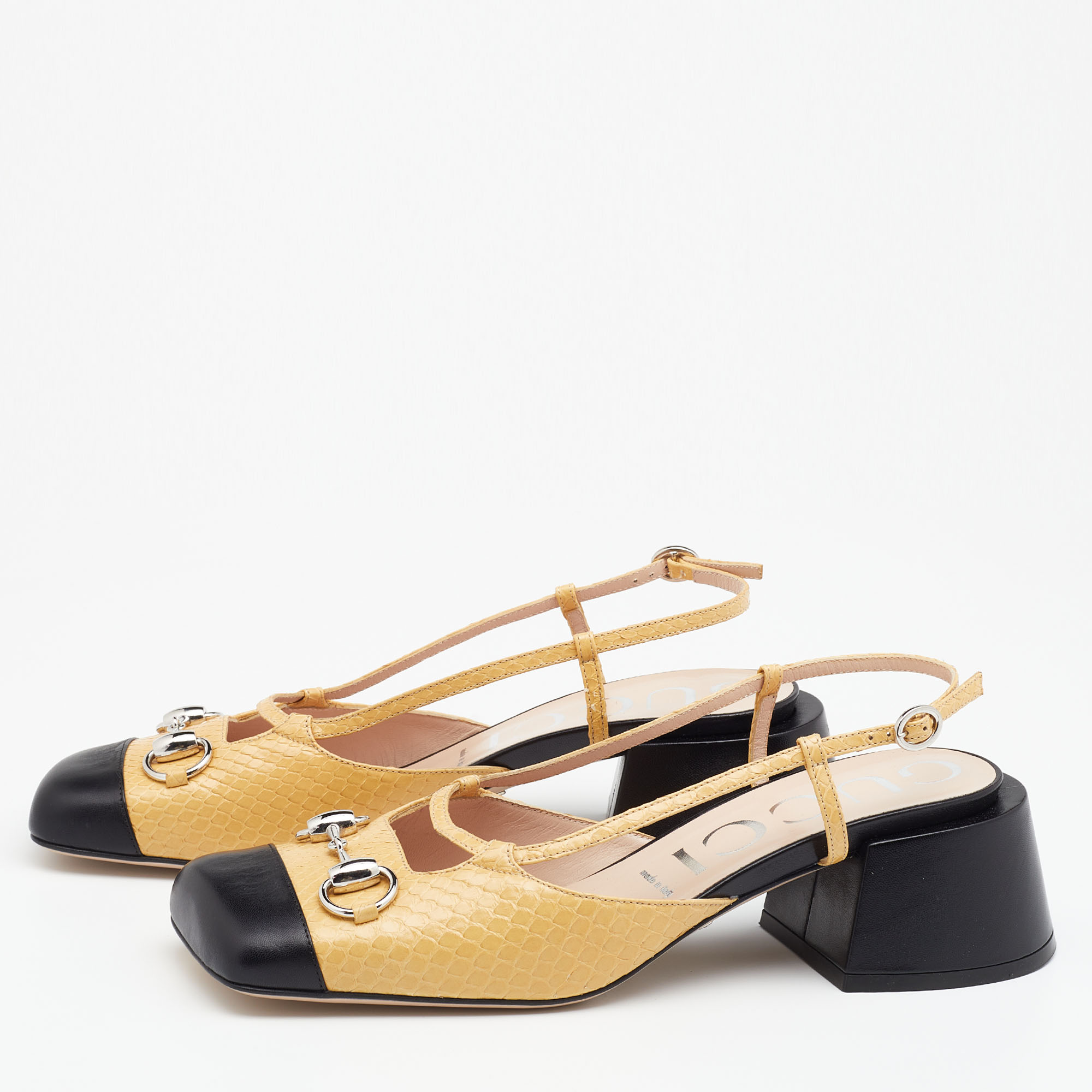 

Gucci Yellow/Black Snakeskin Leather Horsebit Block Heel Ankle Strap Sandals Size