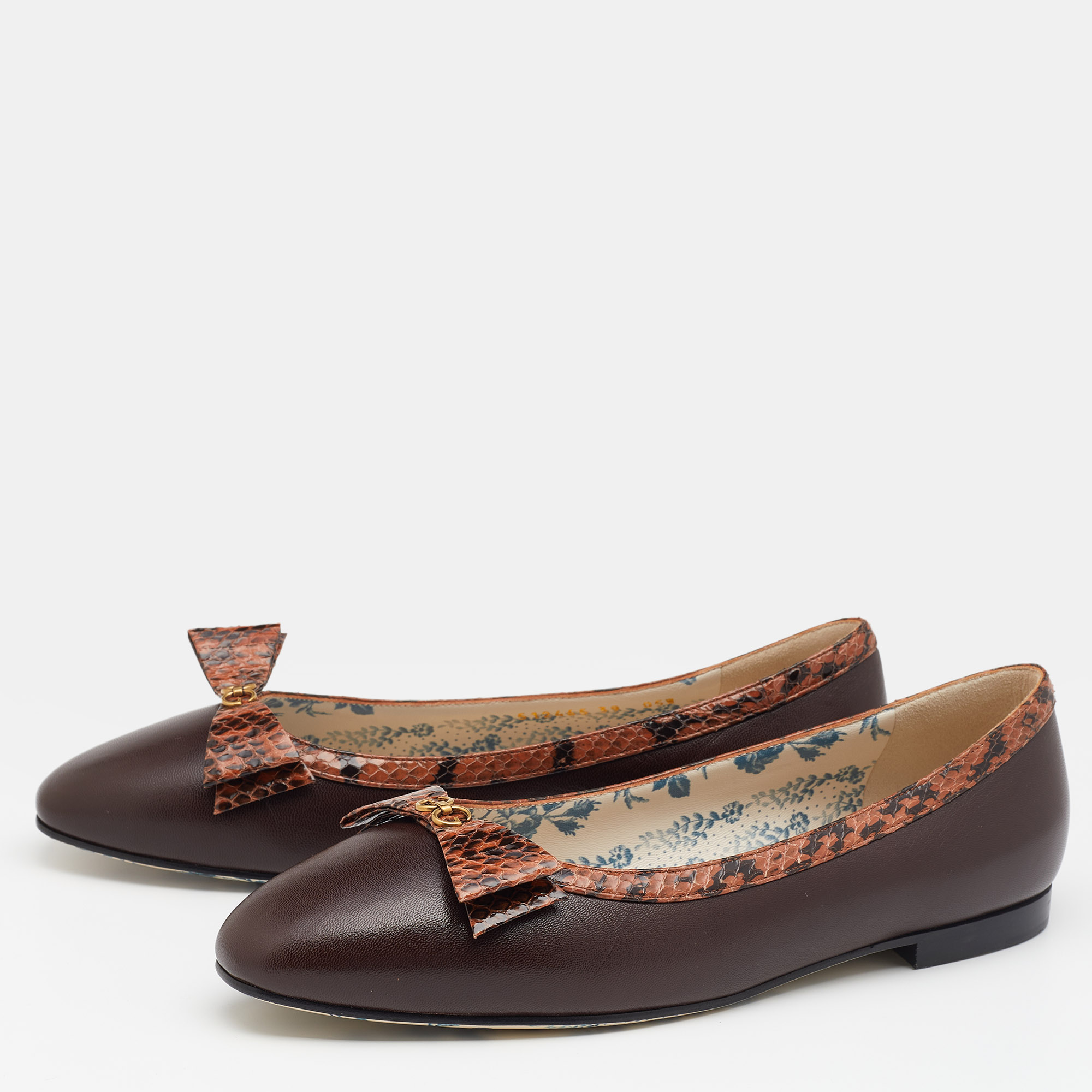 

Gucci Brown Leather And Python GG Logo Bow Ballet Flats Size