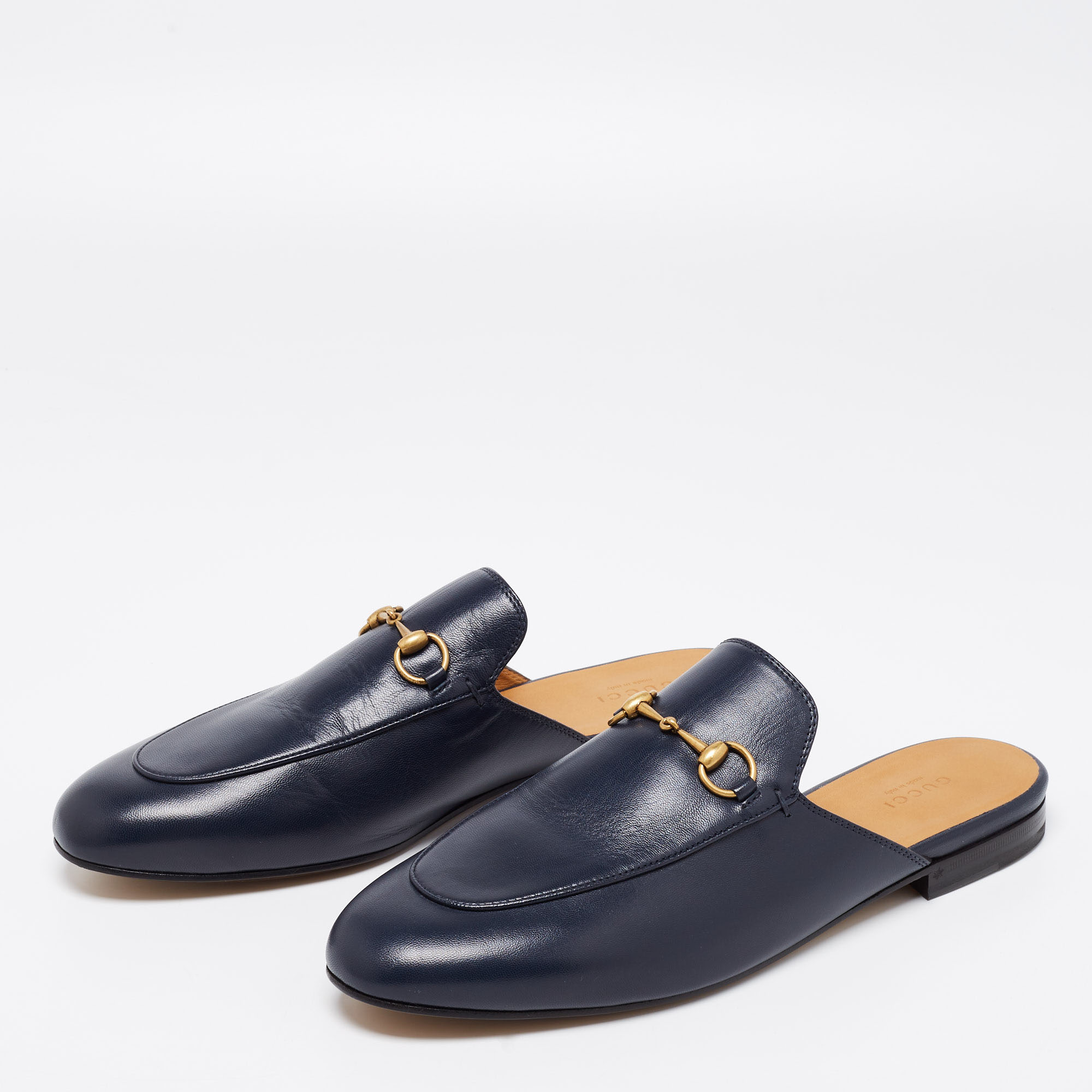 

Gucci Navy Blue Leather Princetown Flat Mules Size