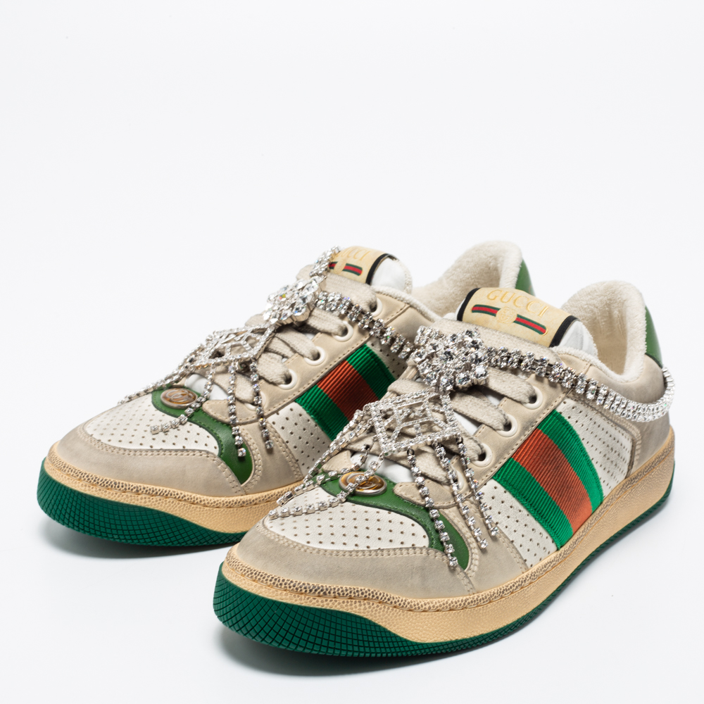 

Gucci Green/White Leather Crystals Embellished Low Top Sneakers Size