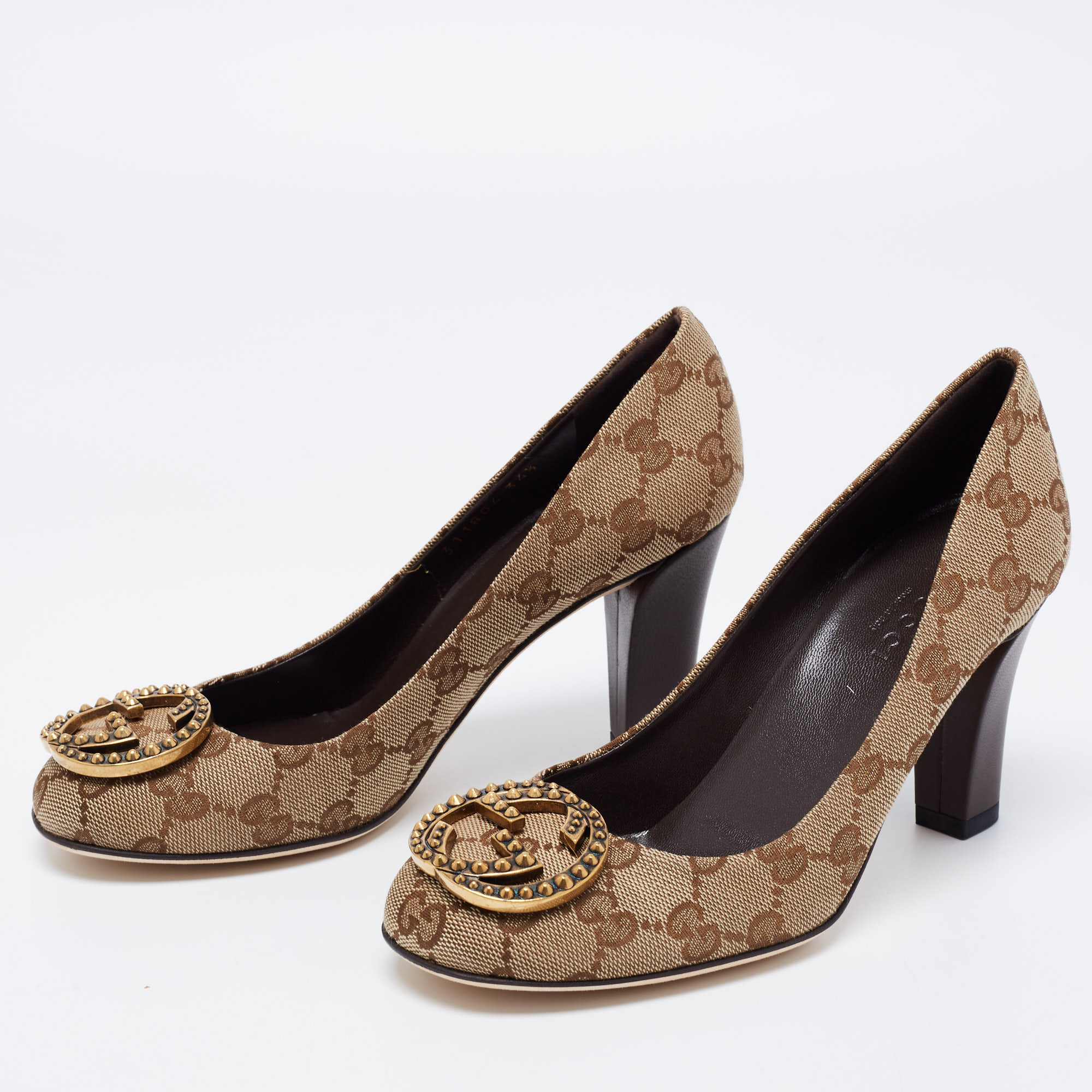 

Gucci Beige GG Canvas Interlocking GG Block Heel Pumps Size, Brown