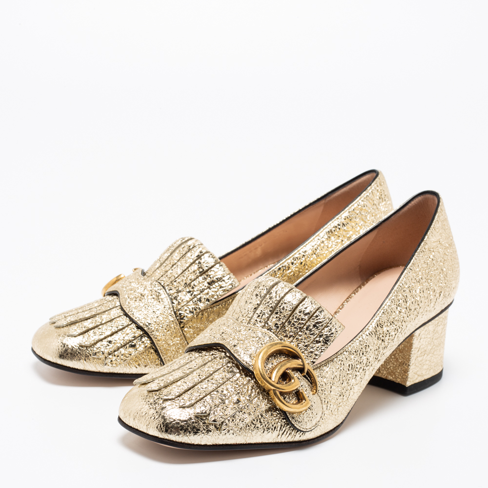 

Gucci Gold Crinkled Leather GG Marmont Fringe Pumps Size