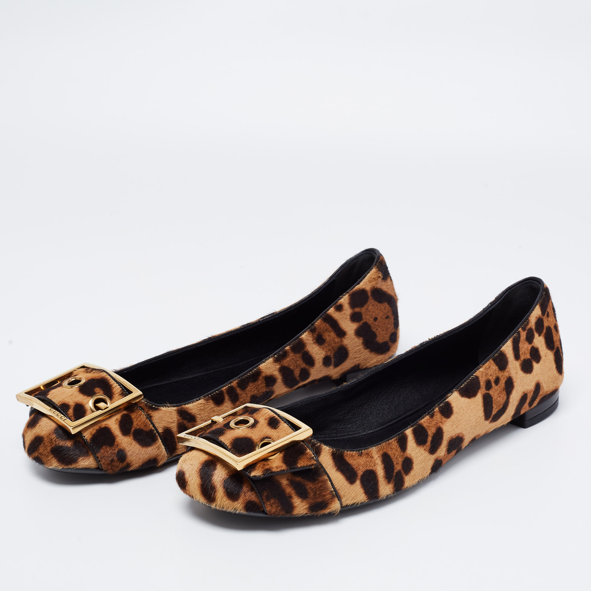 

Gucci Beige/Brown Leopard Print Calf Hair Buckle Ballet Flats Size