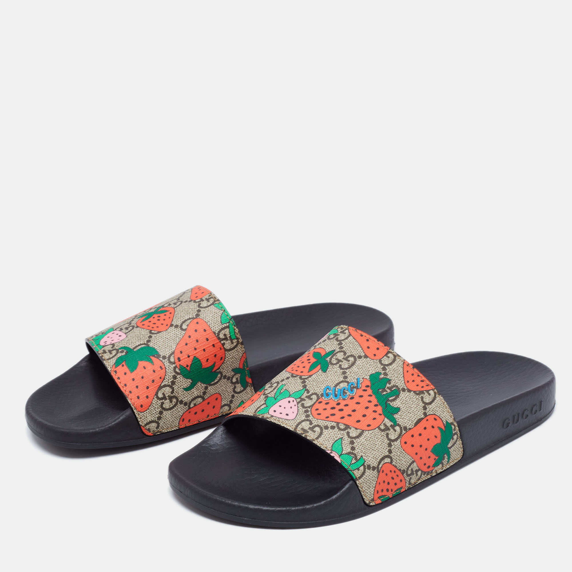 

Gucci Beige GG Strawberry Canvas Slide Sandals Size