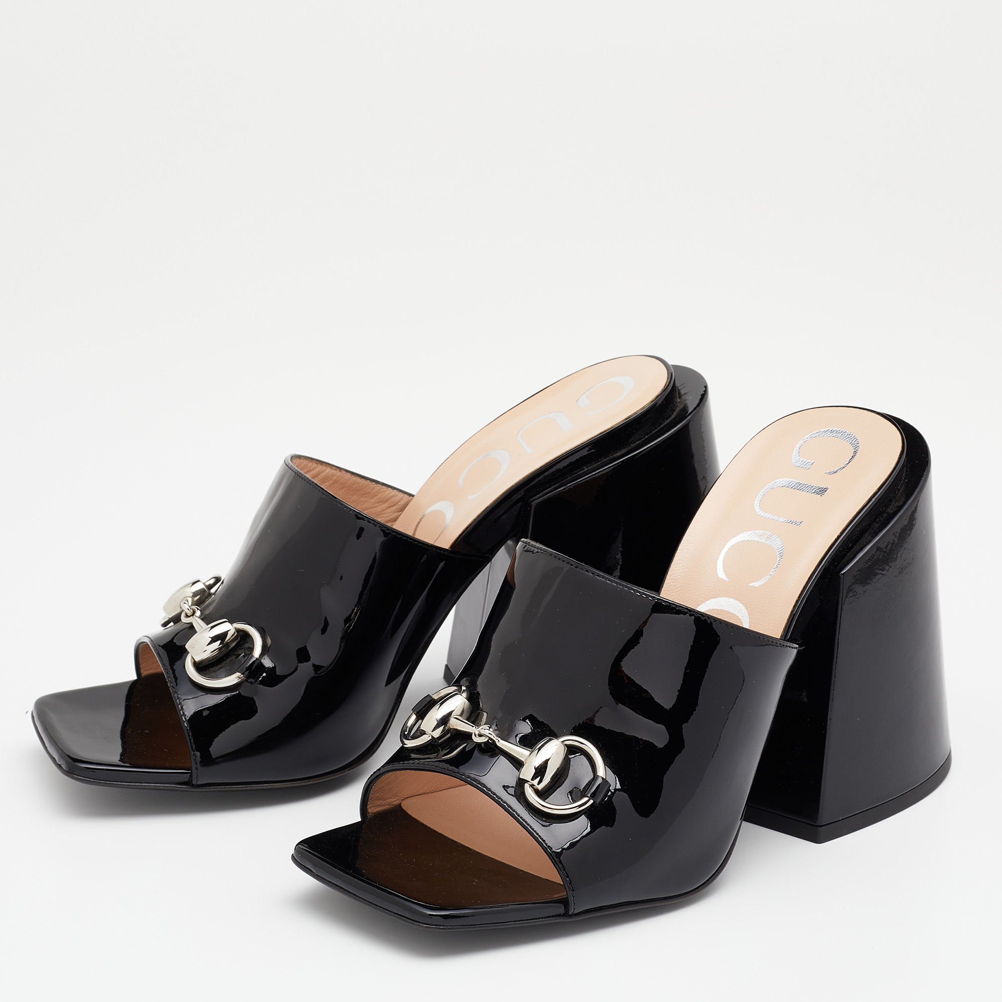 

Gucci Black Patent Leather Horsebit Lexi Block Heel Slide Sandals Size