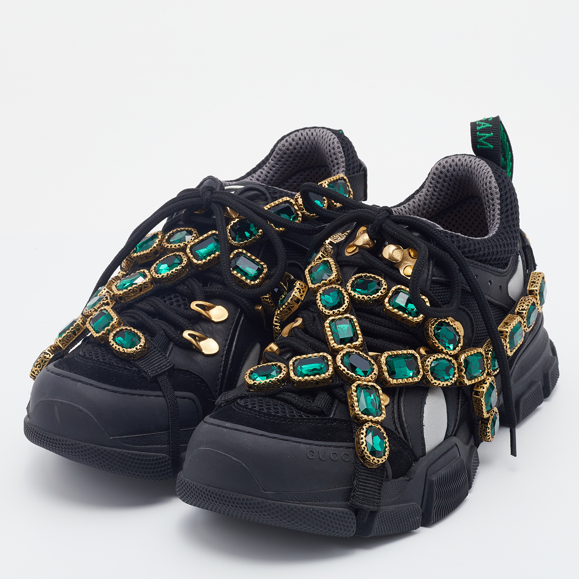 

Gucci Black Mesh And Leather Flashtrek Removable Crystals Low Top Sneakers Size