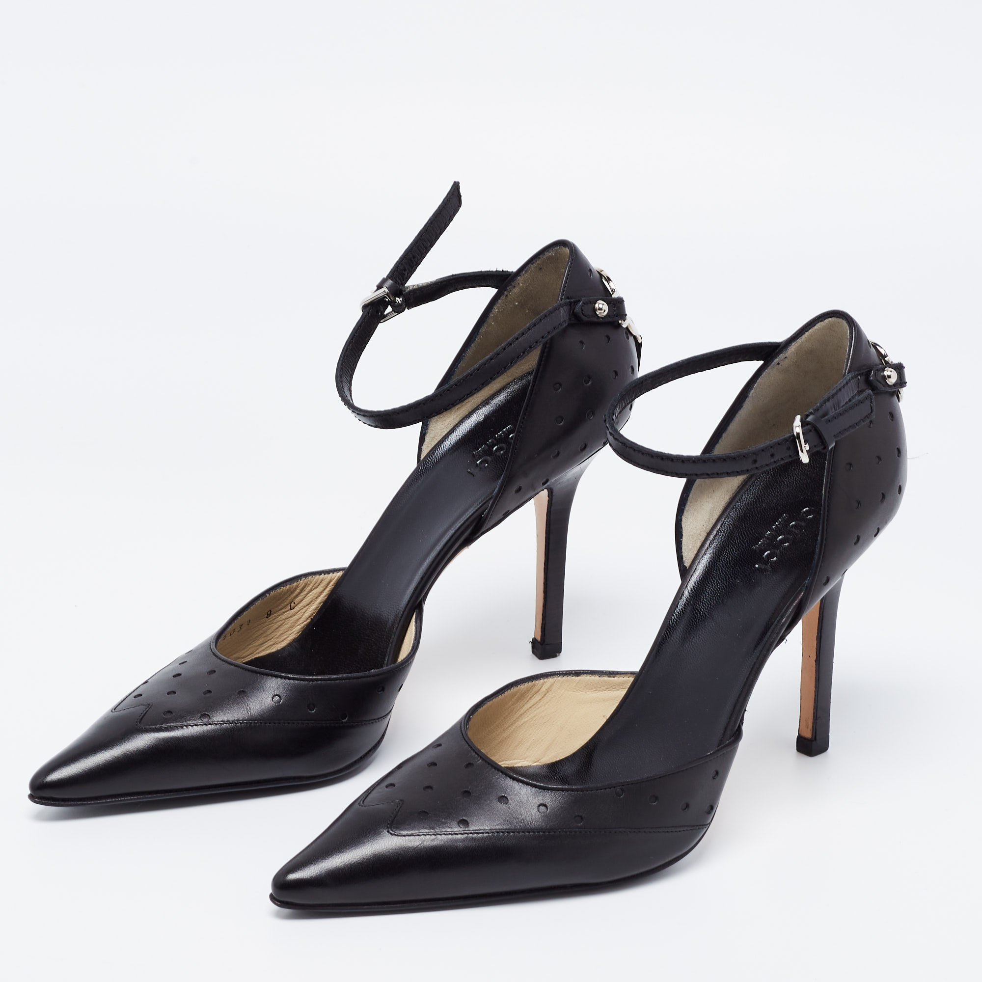 

Gucci Black Leather Interlocking G Ankle Strap Sandals Size